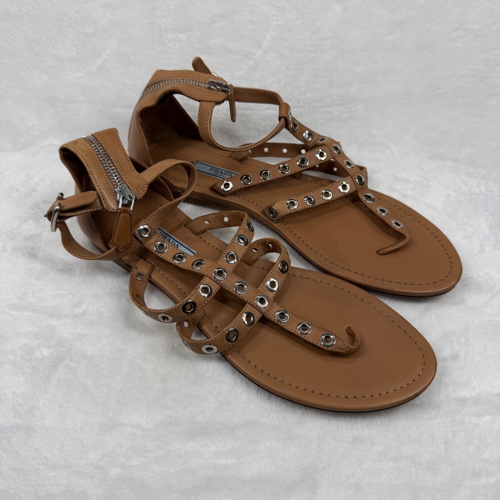Prada Women Tan Leather Grommet Strappy Gladiator Flat Sandals Brown Italy 40/9‎
